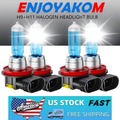 4X H9 H11 Helogen Headlight Bulbs High Low Beam Combo 6500K White Super Bright
