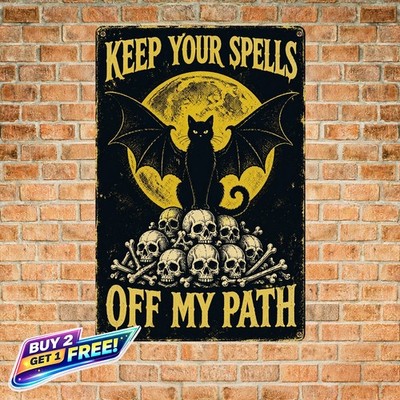 Black Cat Bat Wings Silhouette Halloween Vintage Metal Wall Decor 8x12