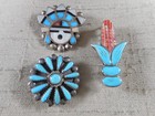 Collection of 5 VINTAGE natural stone sterling silver Zuni pin brooches — photo 4