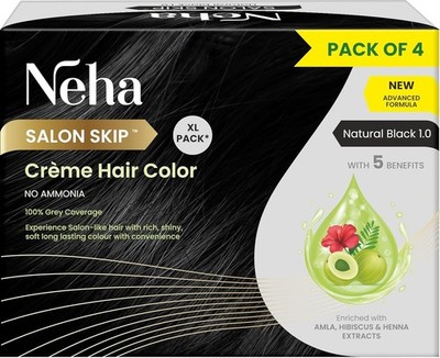 Neha Salon Skip Crème Hair Colour, Ammonia-Free 20g+20ml - Natural Black x 4 Pcs