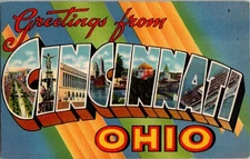 Vintage Linen Postcard Greetings from Cincinnati Ohio 1940s Tichnor