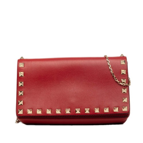 Valentino Studded Chain Shoulder Bag Leather Red Women's Used Authentic