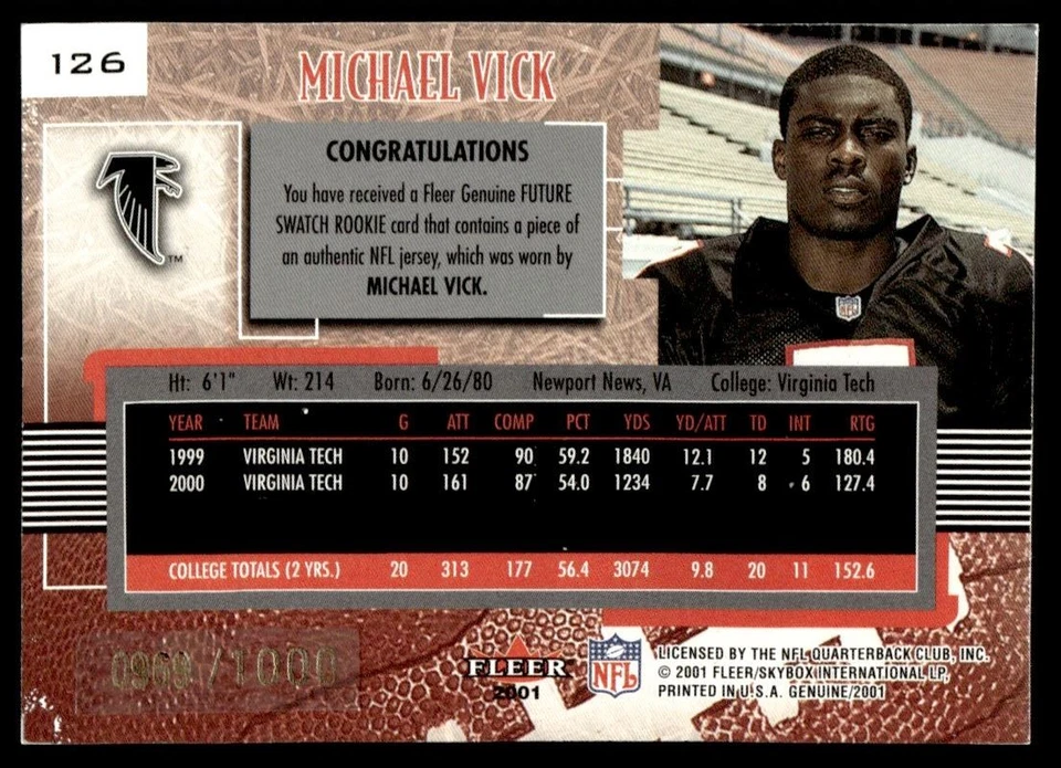 2001 Fleer Genuine Michael Vick Rookie 969/1000 - Image 2 of 2