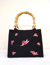 Tiannl Red Hat Society Small Black Embroidered Bamboo Handle Handbag & Scarf