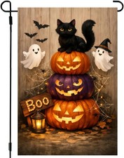 Halloween Pumpkin Garden Flag 12 x 18 Double Sided Black Cat Ghost