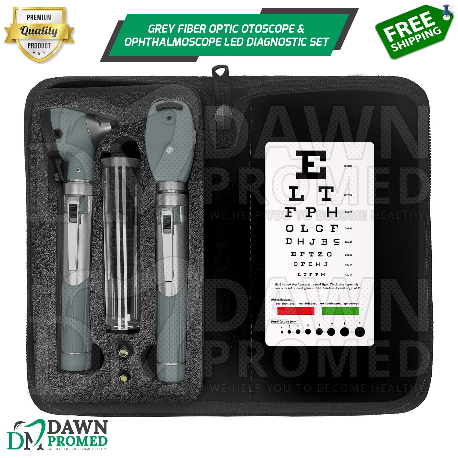 Fiber Optic Otoscope & Ophthalmoscope Exam LED Diagnostic ENT Set (Grey)