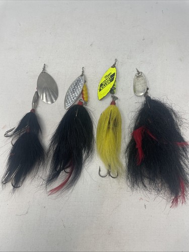 Lot of 4 Musky inline Spinners Mepps Giant Killer Blue Fox Marathon - BUCKTAIL