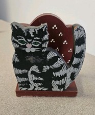 Vintage Wood Cat Letter Holder Hand Painted Folk Art Mail Organizer Sorter