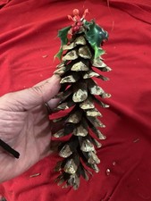 Handcrafted Snow Covered Pine Cone Ornament With Vintage Holly