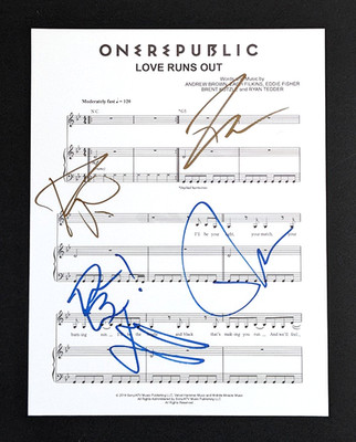 OneRepublic SIGNED SHEET MUSIC PAGE ryan tedder +4 LOVE RUNS OUT One Republic
