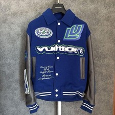 Louis Vuitton Embroidered Staff Jacket Wool & Epi Leather Blue Used with Cover