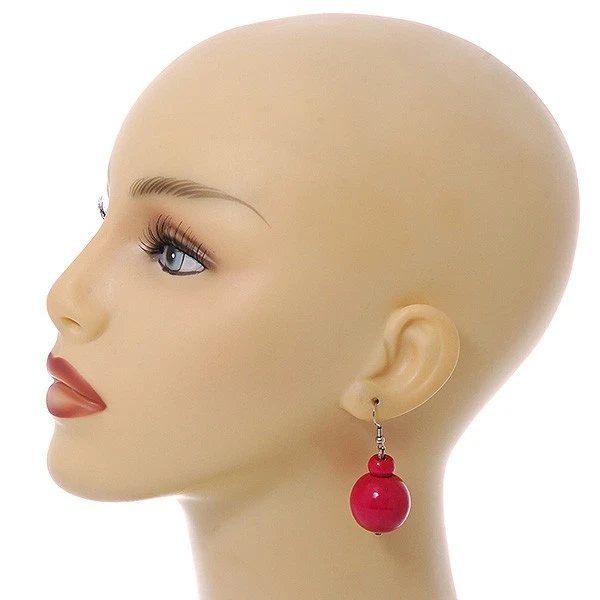 Round Wood Drop Earrings In Deep Pink - 50mm Drop - Image 2 of 4