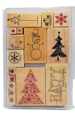 Stampin Up! Christmas 14 pc Wood Mounted Stamp Set Holiday Plastic Case ...