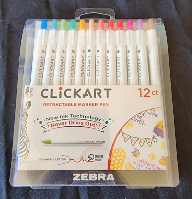 Zebra ClickArt Retractable Marker Pens 12 Colors 0.6mm Bullet Point Felt Tip NEW
