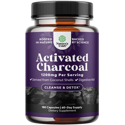 Cleanse and Detox Activated Charcoal Capsules Purifying 1200mg Per Serving 180ct