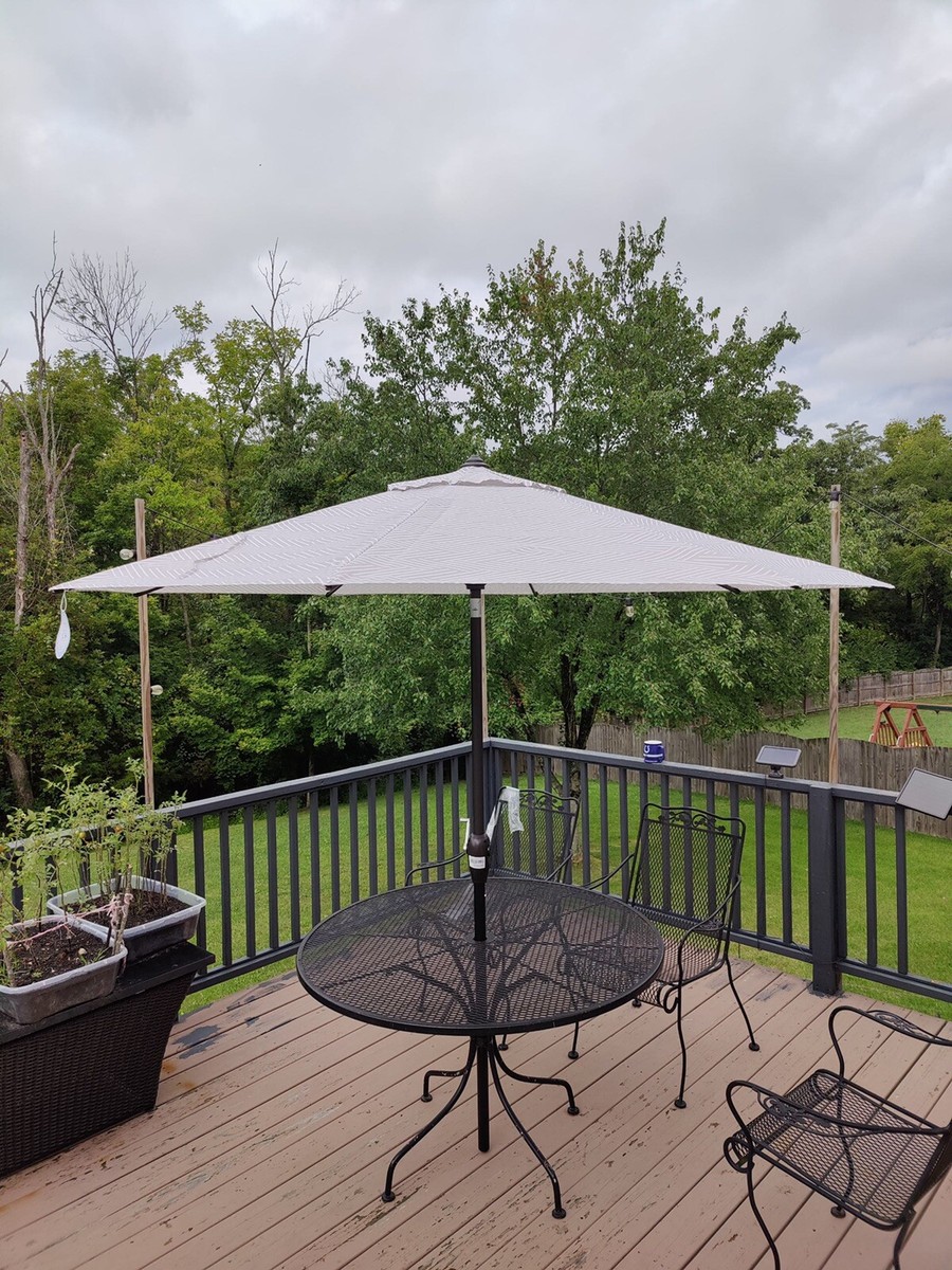 blue and white striped patio umbrella walmart 10' Round Sunbrella Navy and White Cabana Stripe Outdoor Patio Umbrella with Faux Wood Metal Frame