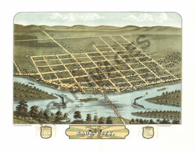 Panoramic Map of Sauk City WI 16x20