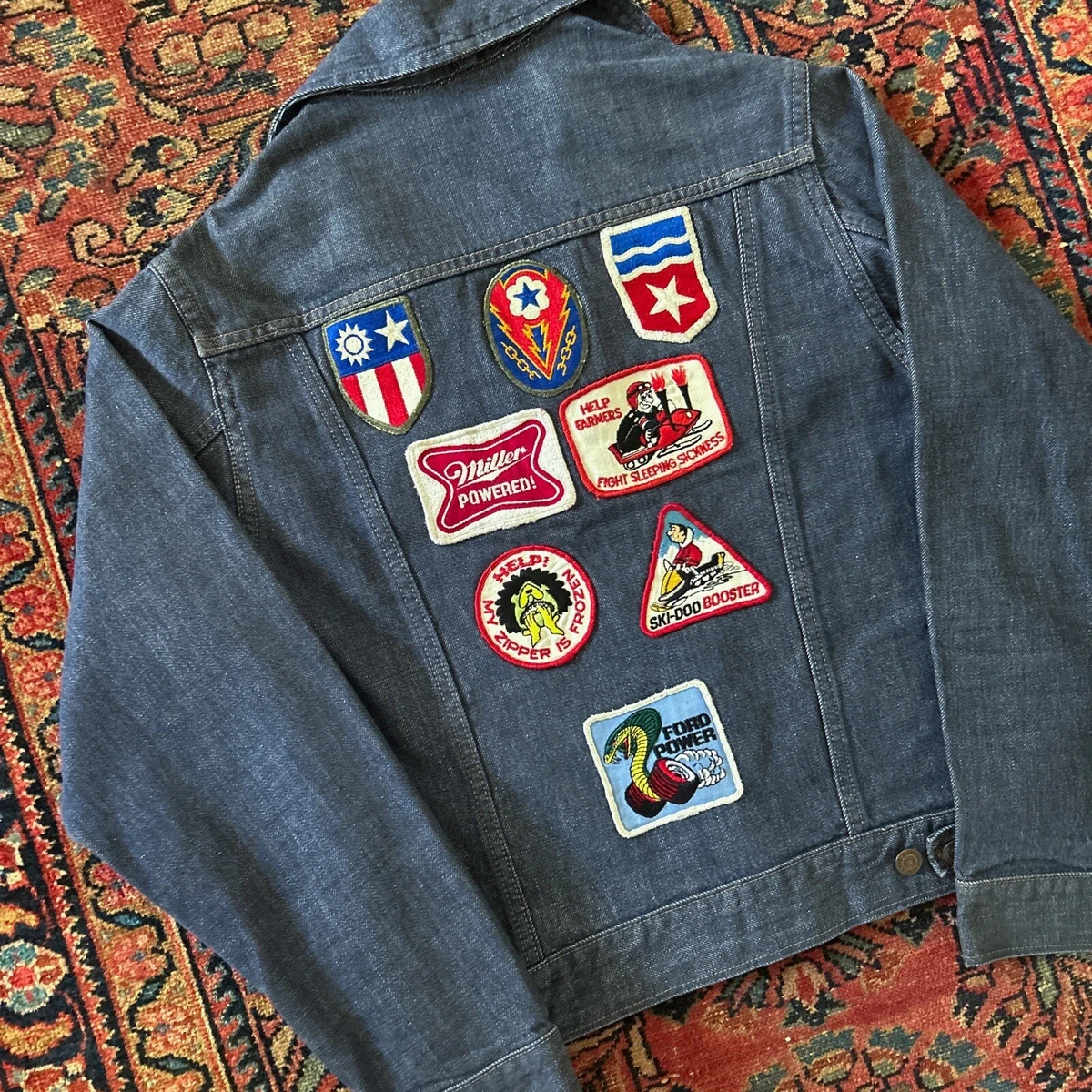 Vintage 70s Denim Blue Jean Jacket With Beer Car Patches Ford Trucker Size  Small