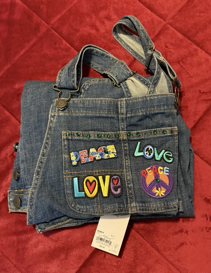 Denim Bib Overalls Coveralls Farmer Jeans LOVE Embellishments 26” inseam Sm - Image 3 of 4
