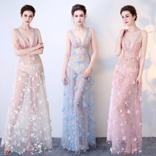 Women's Sexy See-Through Bride V Neck Dress Nightclub Dress Lace Embroidered
