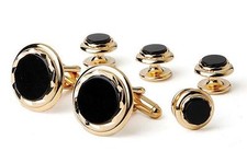 NEW Men's Gold tone Real Black Onyx Diamond cut Round Cufflinks Studs Gift Box