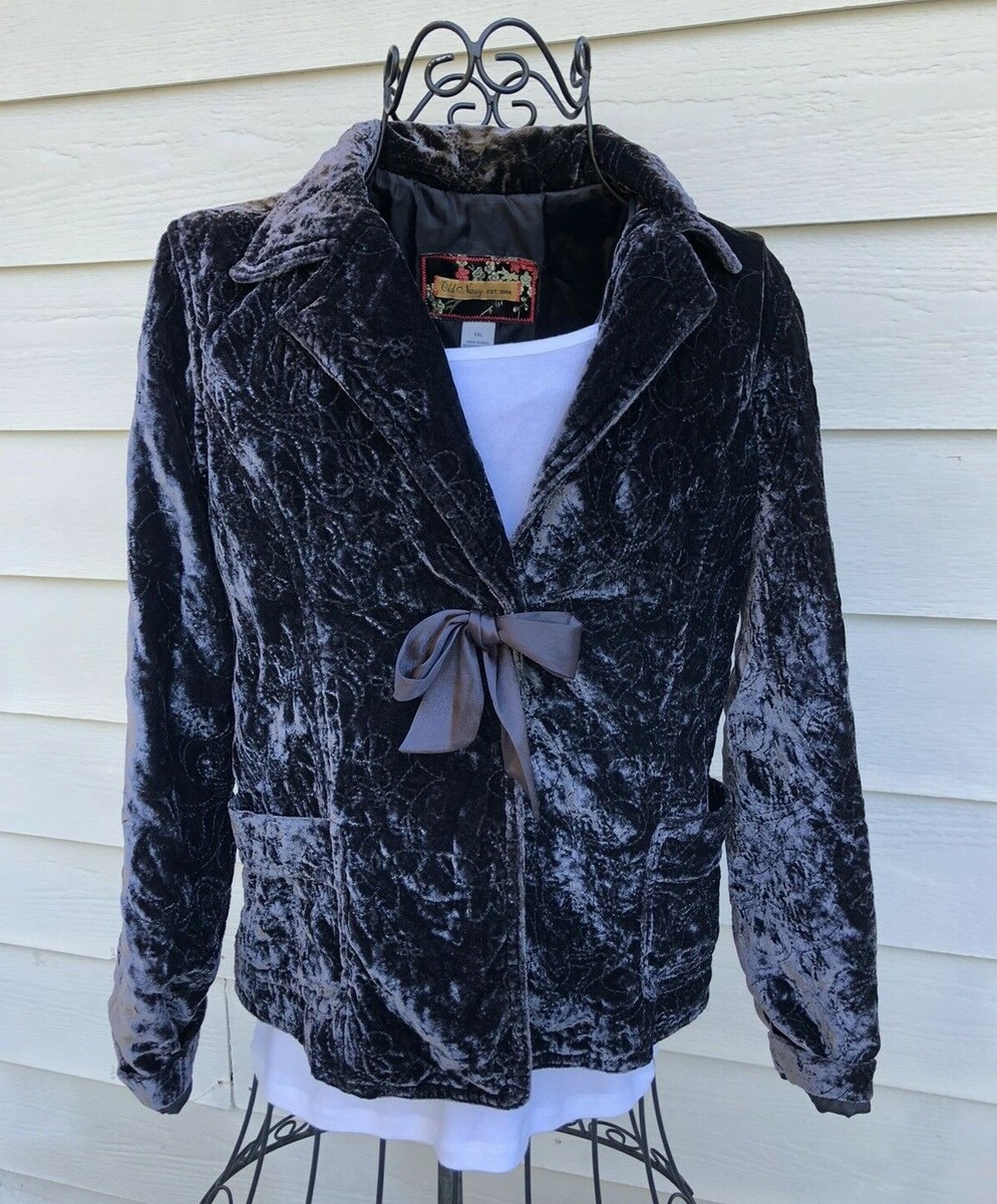 Old Navy Girls XXL (16) Charcoal Velvety Velour Floral Stitched Jacket, Bow