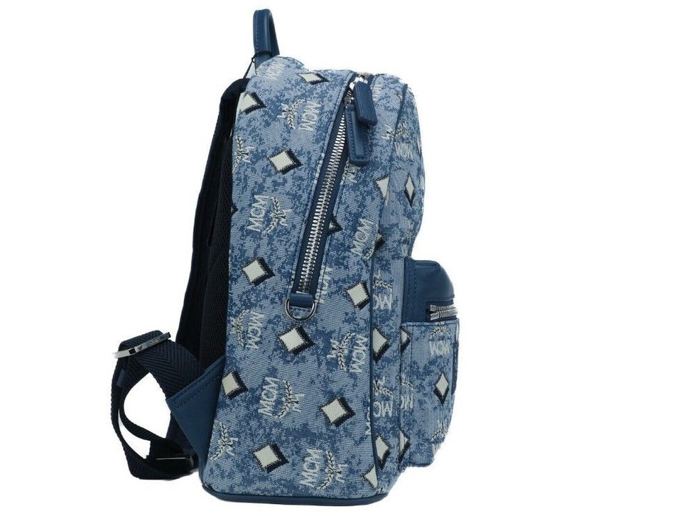 MCM Stark Small Blue Vintage Jacquard Monogram Logo Fabric Backpack