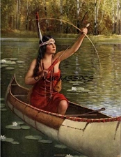 Antique 1926 Art Deco PinUp Print Indian Maiden Minneota Bow & Arrow Canoe
