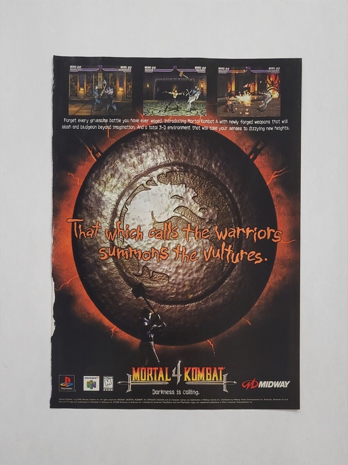 RARE! 1998 MORTAL KOMBAT 4 Nintendo Video Game = Official Promo Art PRINT AD