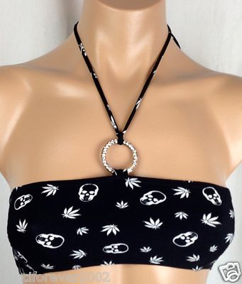New $440 Lucien Pellat-Finet Bikini Bandeau Halter Swim Top Blk Skull Hemp XS