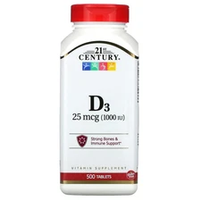 21st Century Vitamin D3 High Potency 1000 IU 500 Tablets Gluten-Free
