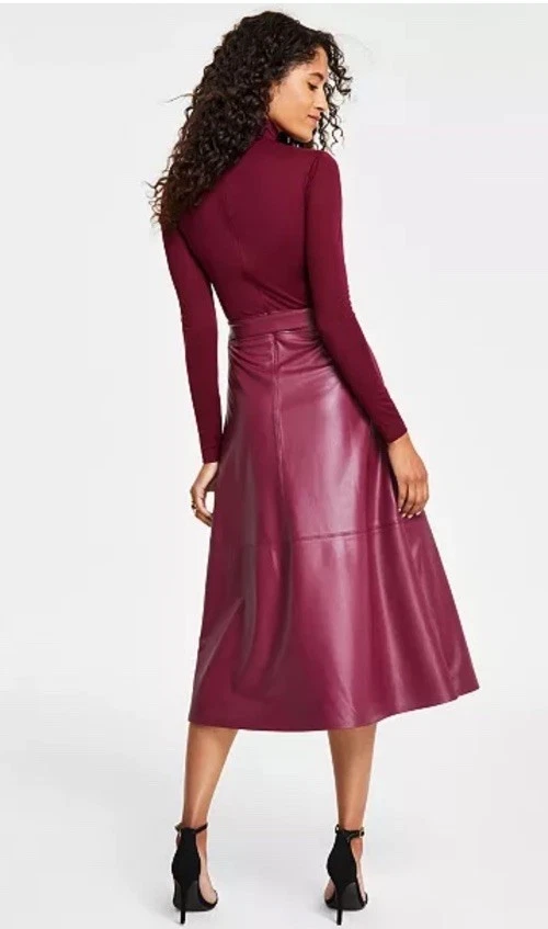 Vestido largo Anne Klein para mujer borgoña cuello falso cinturón imitación cuero talla 6 Foto 2 de 4