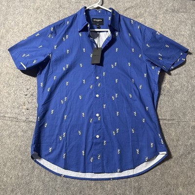Bonobos Slim Fit Shirt Mens Large NWT Short Sleeve Mojito Drink AOP Blue Button 