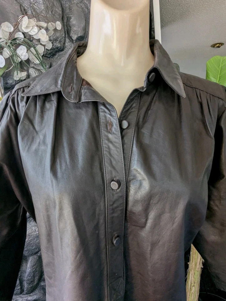 Винтажный 70-х 80-х Rickie Freeman для Teri Jon кожаная рубашка платье Dk Brn размер 12 - Изображение 2 из 4