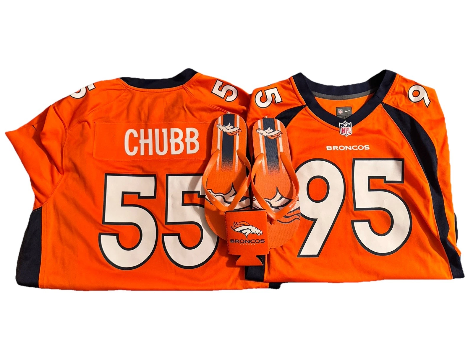 Bradley Chubb Derek Wolfe Denver Broncos Nike vecchie Infradito e Koozie Jrsys XL