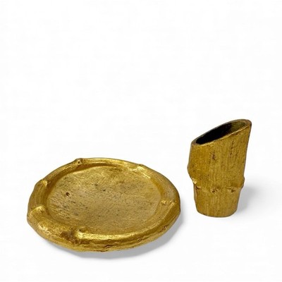Vintage Gilt Ormolu Gold Metal Faux Bamboo Lipstick Holder Round Trinket Dish