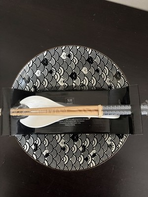 SH Home Black Waves Cats Ceramic Ramen Noodle Bowl 43oz With Chopstick And Spoon