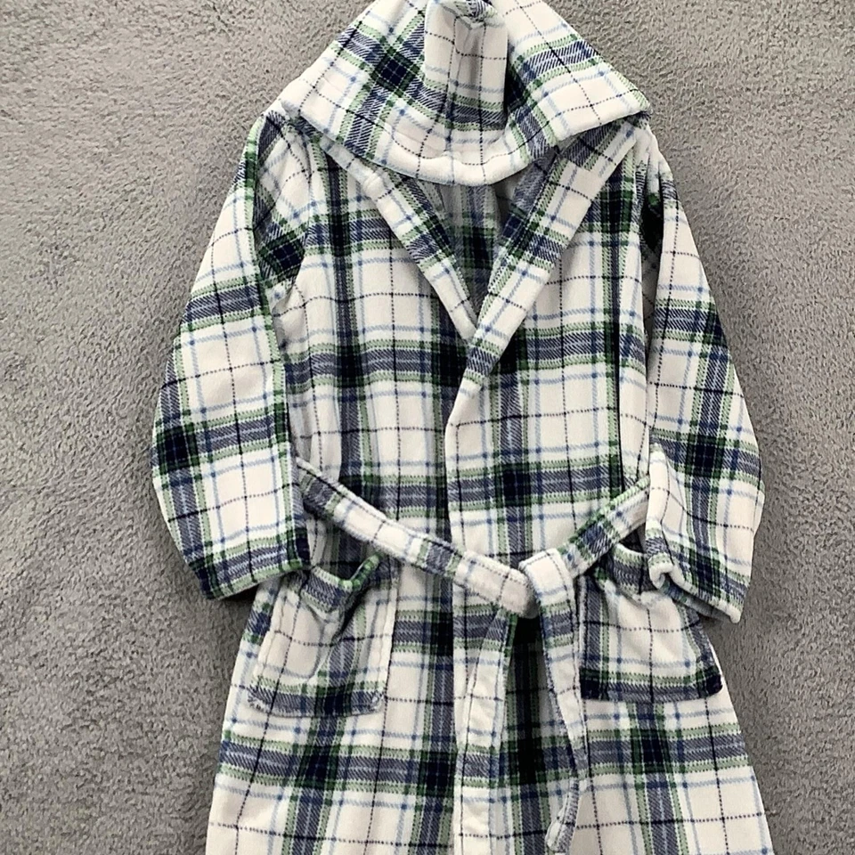 Alexander Del Rossa Robe S/M White Green Blue Plaid Fleece Hooded Belted - Image 3 of 4