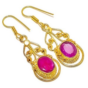 Authentic Ruby (Lab-Created) Gemstone 18k Yellow Gold Plated Earring 1.95" E7-271