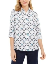 MSRP $70 Charter Club Printed Linen-Blend Shirt White Size Medium
