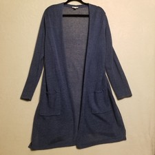 J. Jill L Cardigan Sweater Open Linen Blend Long Line Blue Pockets Lagenlook