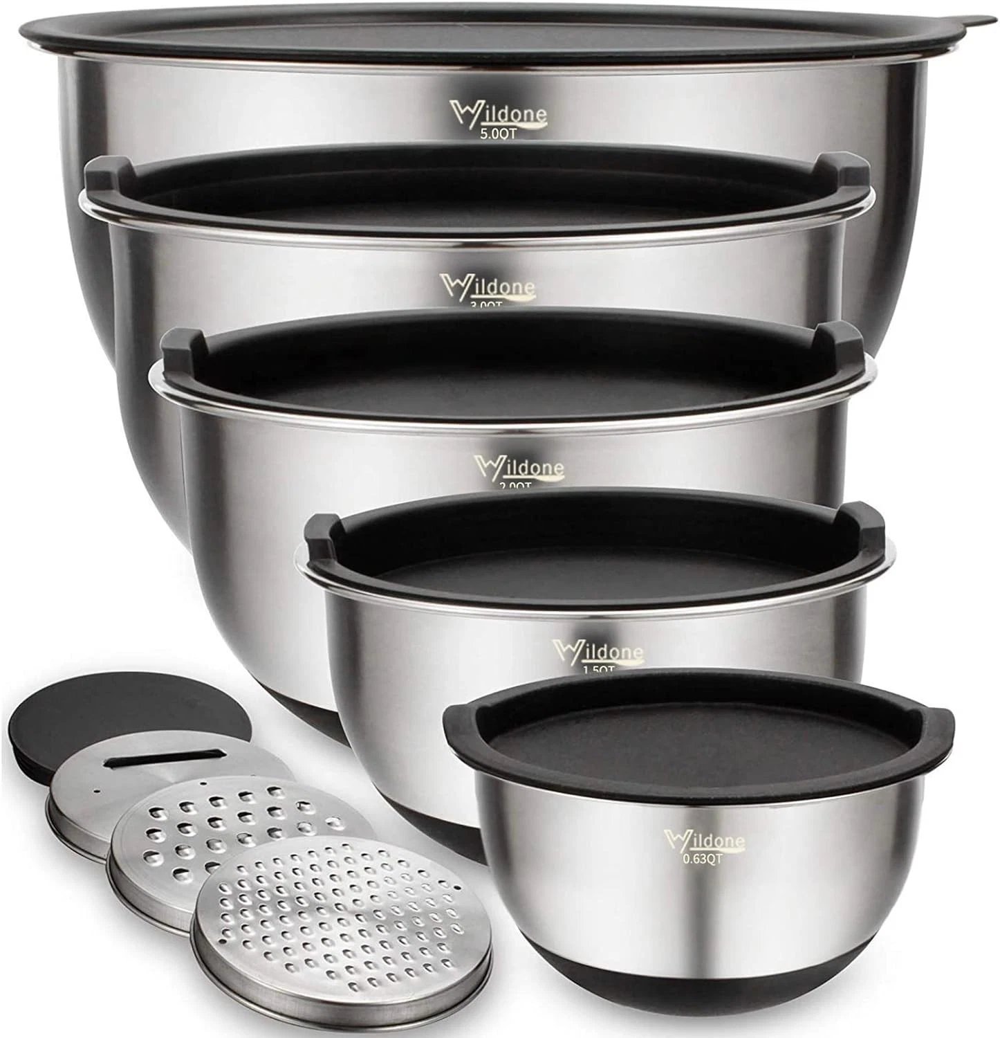 Wildone Mixing Bowls with Lids Set, 5PCS Stainless Steel 5pc+3graters, Black