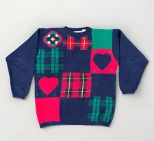 Vtg Jantzen Patchwork Hearts Colorblock Embroidered By Hand Granny Core Sweater