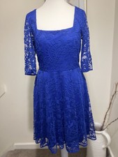 Monsoon Cobalt Blue Lace Overlay Skater Dress Square Neck Size 8 Floral VGC