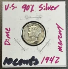 1942 - 10C Mercury Dime / 90% Silver Coin.