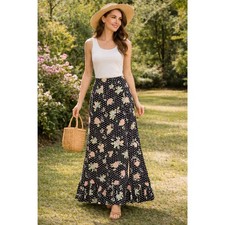 Sag Harbor Size 12 Black Floral Polka Dot Maxi Skirt Ruffle Hem Slit 9