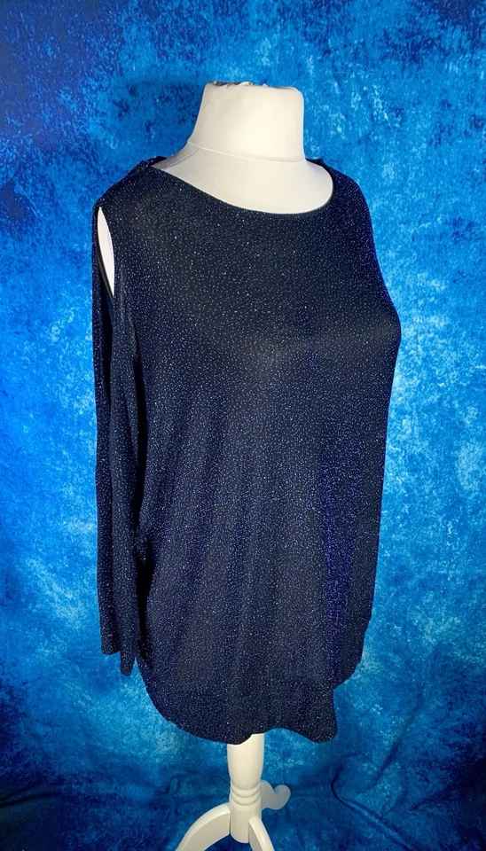 DEBENHAMS Blue Jumper Top Size 20 Sparkle Cold Shoulder Stretchy Casual Occasion - Image 3 of 4