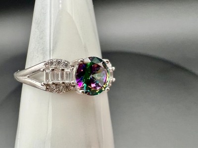 Sterling Silver Mystic Topaz CZ Ring Size 10 Italy BS 925 Baguette Halo