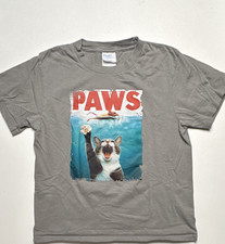 Gray PAWS Cat Graphic Short Sleeve Crew Neck T-Shirt Youth Size S funny cat tee