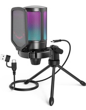 FIFINE Gaming USB Microphone for PC PS5,Condenser Mic w/Mute,RGB Indicator-Black